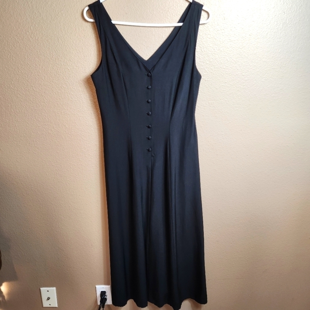 Vintage 90s Womens Black Sleeveless Buttonfront V-Neck Midi Dress-Size 6